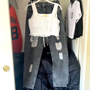 White cropped lace shirt, off black jeans size 24.